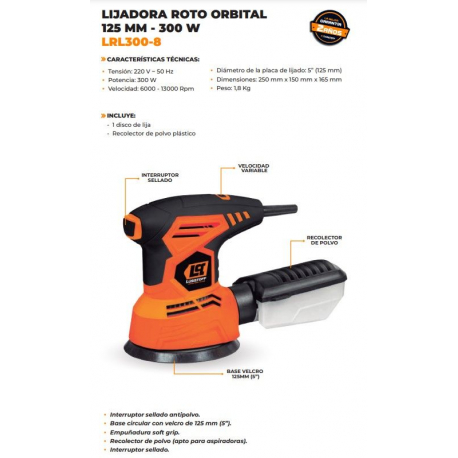 Lijadora Roto-Orbital 300W, 5 Base –