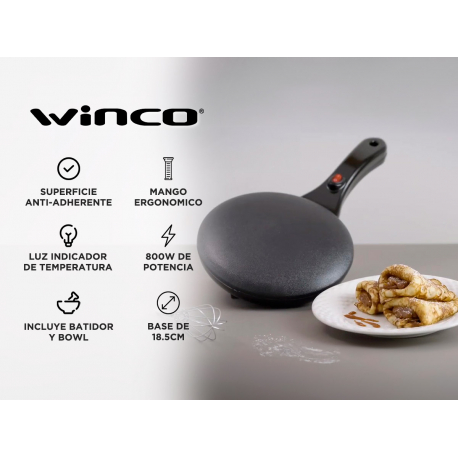 Panquequera Electrica Winco W102 800W 18.5cm Anti-adherente Batidor Bowl